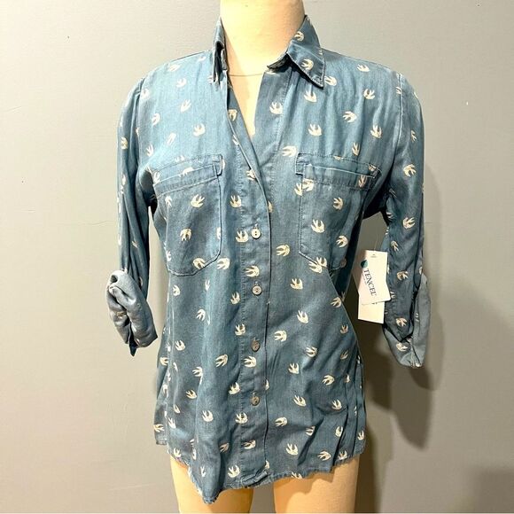 NWT Just Living Blue Tencel Chambray Bird Print Roll Tab Long Sleeve Blouse Sml - Picture 1 of 7